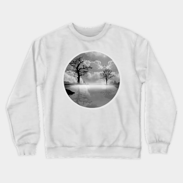 A calm lake in the fog in the morning in black and white Crewneck Sweatshirt by Kisho